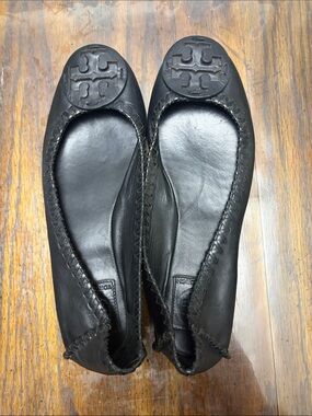 Tory Burch Black Leather Logo Round-Toe Ballet Flats 8.5